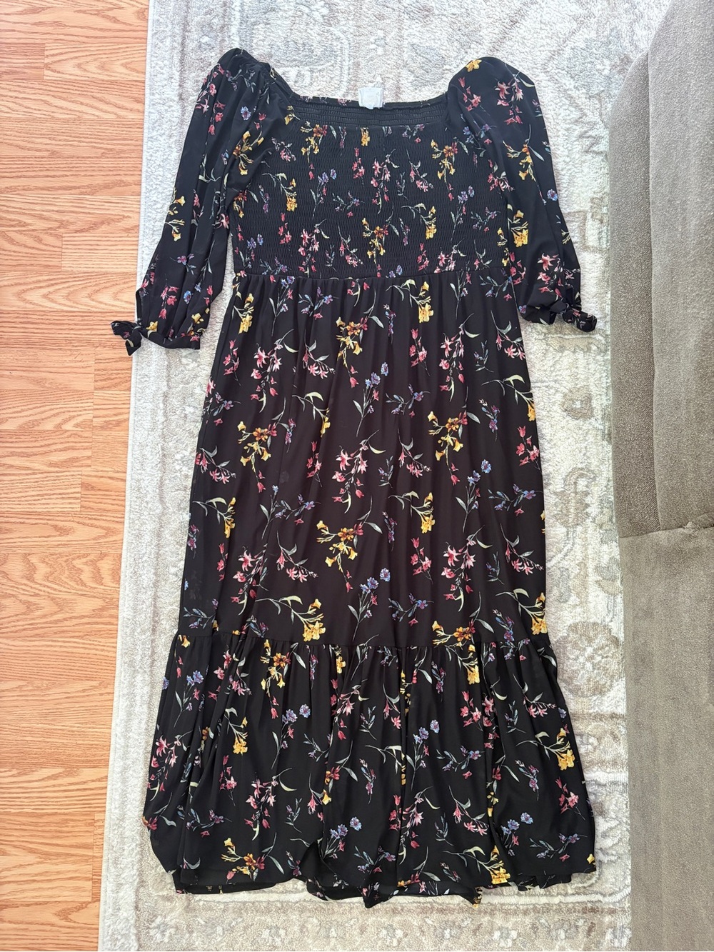 Floral Maxi Dress 1X Smocked Puff Sleeve Black